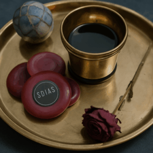 Gold cup, red wax seals, dried rose on tray