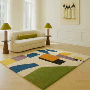 Minimalist lounge with abstract rug and green decor.