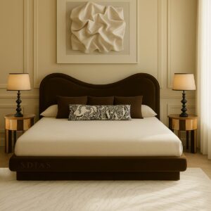 Elegant bedroom with modern art and lamps.