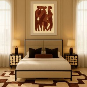 Modern bedroom with abstract artwork and patterned rug.