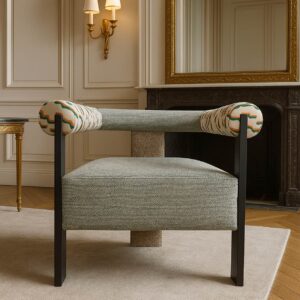 Contemporary armchair with patterned armrests