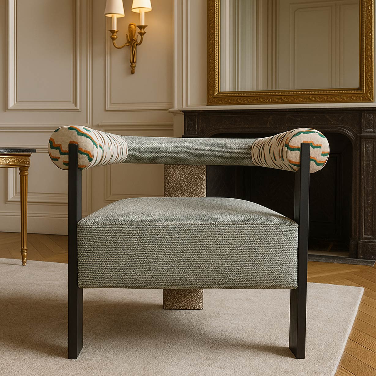 Contemporary armchair with patterned armrests