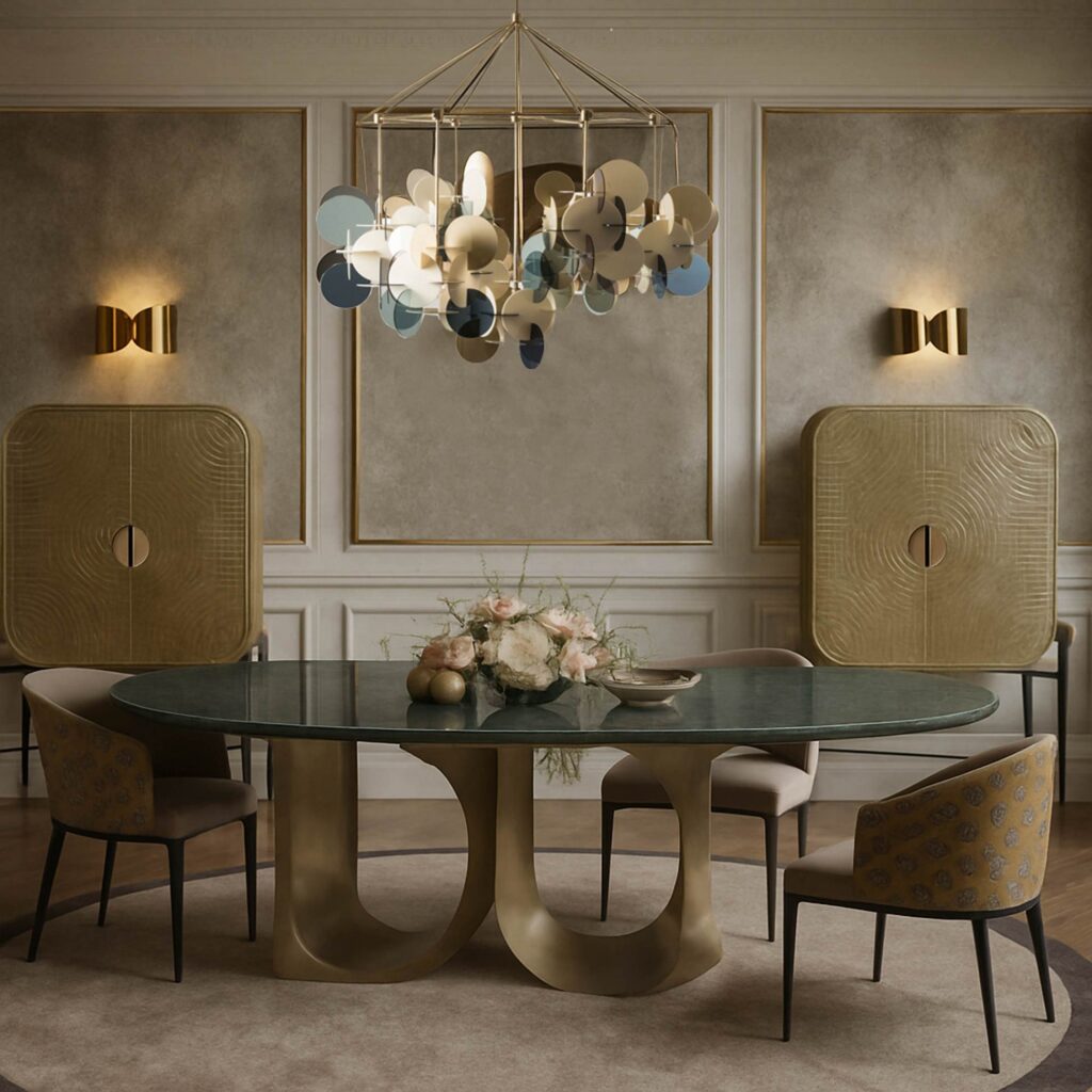 Elegant dining room with modern chandelier and decor.