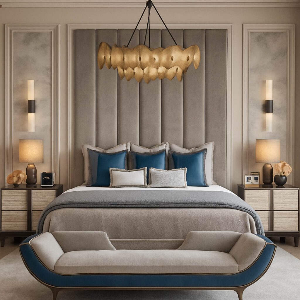 Luxurious bedroom with elegant lighting and decor.