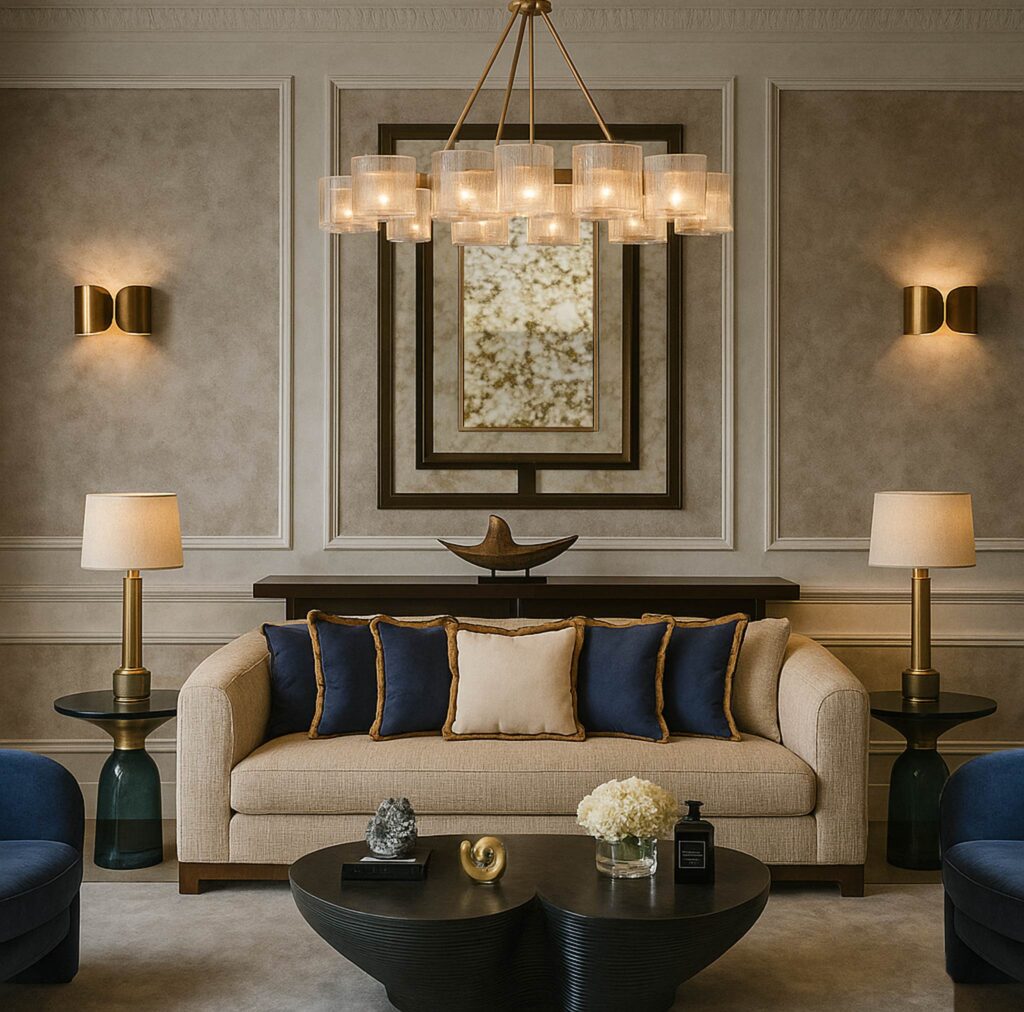 Elegant living room with beige and blue decor.