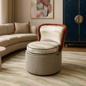 Modern lounge with patterned chair and artwork.