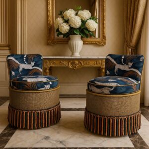 Elegant chairs in ornate room with floral arrangement.