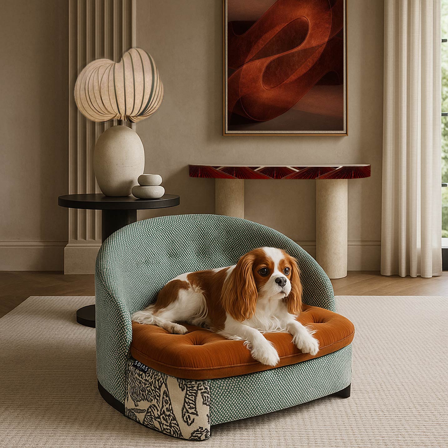 Dog lounging on stylish chair in modern room.