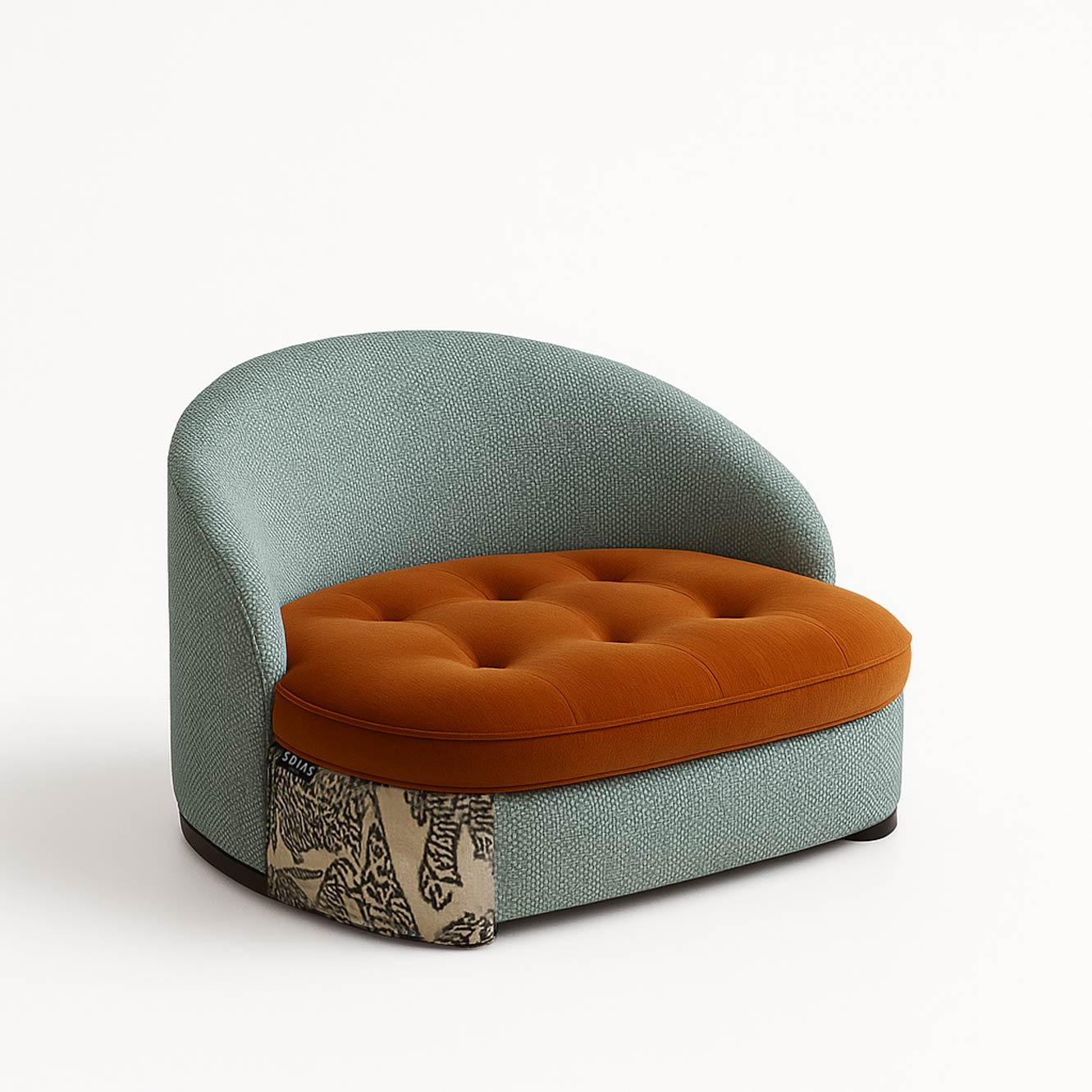 Modern armchair with orange cushion and patterned sides.