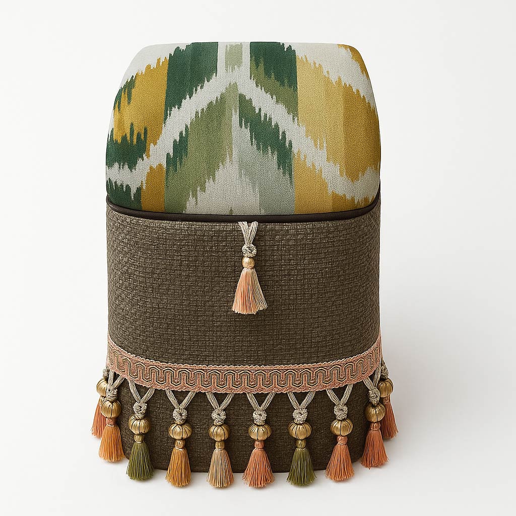 Colourful upholstered footstool with tassels and patterns.
