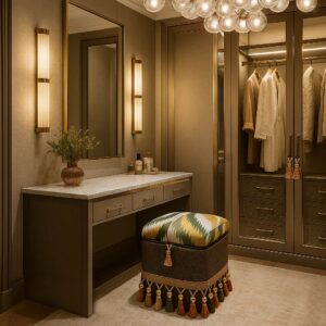 Luxury dressing room with elegant lighting and storage.