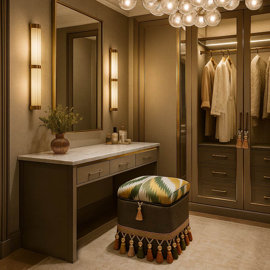 Luxury dressing room with elegant lighting and storage.