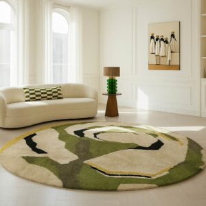 Minimalist living room with round green rug