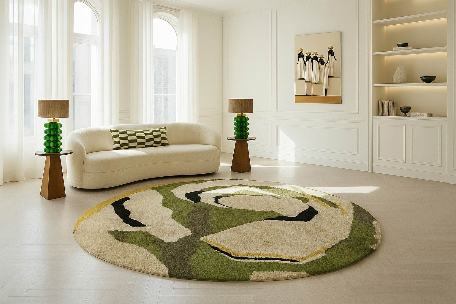 Minimalist living room with round green rug
