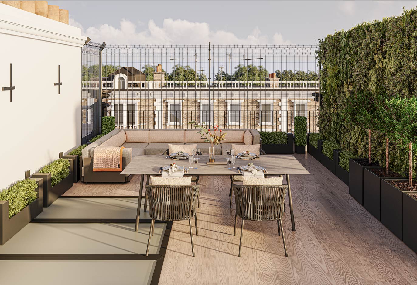 Modern rooftop terrace with dining area and greenery.