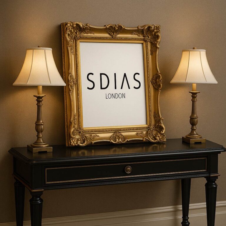 Elegant table with framed artwork and lamps